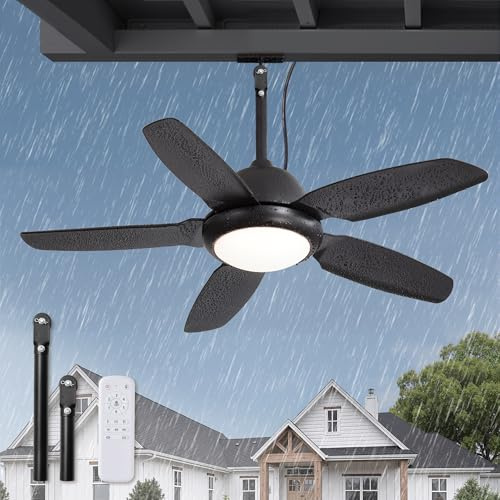 ZMISHIBO Deckenventilator 107 cm Wasserdicht mit LED-Licht, IP65 Outdoor Ventilator, DC-Motor 6 Stufen, 3CCT, Hängender Ventilator mit Fernbedienung, Schwarz