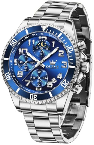 OLEVS Silber Armbanduhr Herren Analog Kleid Groß Metallarmband Herrenuhren Blau Zifferblatt Wasserdicht Chronograph Uhr Herren Edelstahl Leuchtend Arabische Ziffern Herrenarmbanduhr mit Datumsanzeige