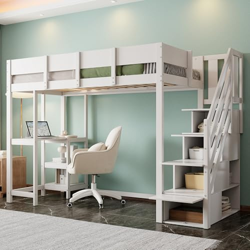 Hochbett 90x200 cm mit Ablage Stauraumtreppe Einzelbett Kiefernholz Lattenrost Familienbett Platzsparend für Erwachsene Jugendliche Gästebett Ohne Matratze weiß
