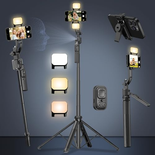 Auto Face Tracking Tripod for iPhone with Light 63” Selfie Stick Tripod Stand Follows Your Movement 360° Phone Camera Tripod with Wireless Remote for Content Creator Vlog Live Stream Video Recording
