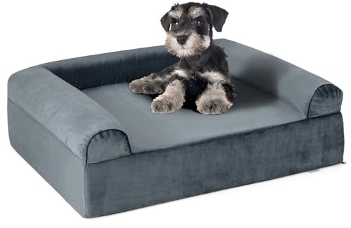 COSTWAY Grand Lit pour Chien Orthopédique, Canapé Chien Chat en Mousse à Mémoire, Rebords sur 3 Côtés, Housse Amovible Lavable, Fond Antidérapant, Panier Chiot, 100 x 81 x 30,5 cm, Gris