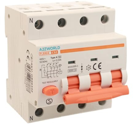 Interrupteur différentiel magnétothermique triphasé type A, 32 A C32, RCBO 3P+N 6 kA 30 mA courbe C 380 V, 4 modules DIN, série PL8M4 professionnelle électromagnétique