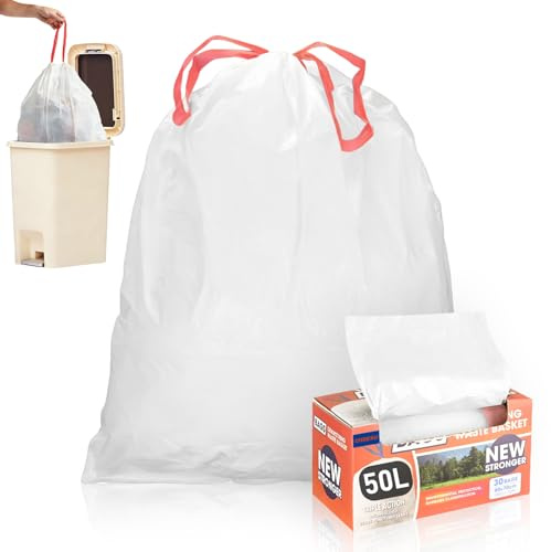 CHDEXU Bolsas de basura resistentes de 50 l, con cordón, antifugas, 30 bolsas grandes de plástico reciclado para cubos de cocina, oficina, comerciales, 60 x 70 cm