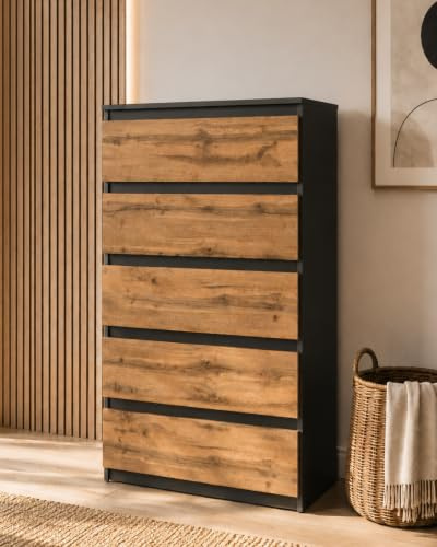 MRBLS_HOME Kommode mit 5 Schubladen - Holz Sideboard 70x115x33,5 cm (B/H/T) - Schmale Kommode für Schlafzimmer & Flur - Regal mit Schubladen - Schrank mit Schubladen (Grau Matt/Wotan)