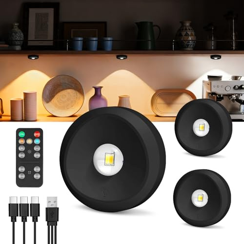 vsshe Spot Sans Fil LED Rechargeable, 3 Pièces Puck Light Dimmable, 3 Températures de Couleur avec Télécommande & Minuterie, Fixation Magnétique, 1500mAh Lampe de Placard Tactile Noir