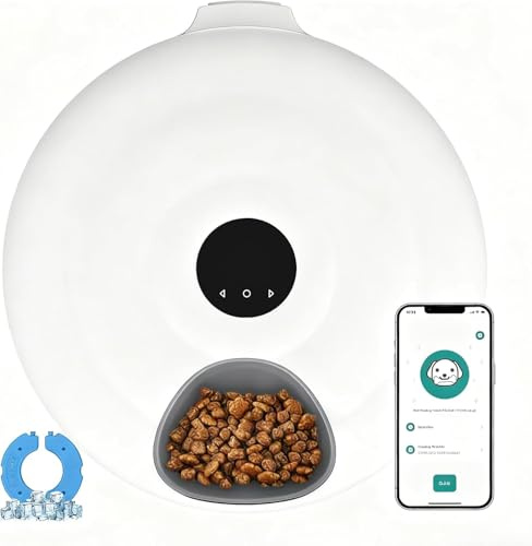 MoraRise Automatic Cat Feeder, 6 Meals Cat Wet & Dry Food Dispenser with Timer, Rechargeable Automatic Pet Feeder with WIFI, App Control, 2 Ice Packs Included (White)