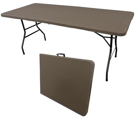 The Homeweeks Mesa Plegable Solid Efecto Ratan Marrón 180cm | portátil | Normativa Uso público | INT/ext | Tablero Resina HDPE 3,5cm | Capacidad 6/8 pers. | Carga 150 kg.