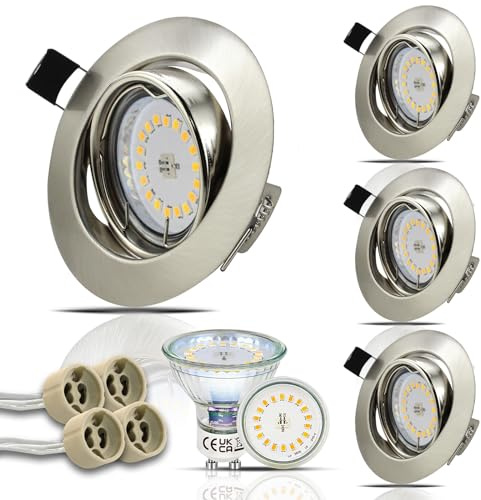 HiBay 4er Set LED Einbaustrahler 230V Spot mit GU10 5W LED Lampen Neutralweiß Einbauleuchten 68-80mm Decke Einbauspots Edelstahl Gebürstet Rund für Küche