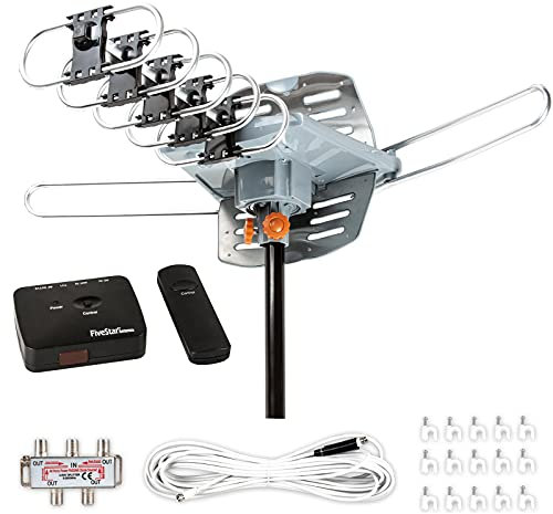 Five Star Antenne HDTV extérieure longue portée de 240 km – Antenne TV rotative à 360° avec amplificateur, double sortie TV, télécommande, résistant aux intempéries, support 4K 1080p UHF/VHF pour 2 à