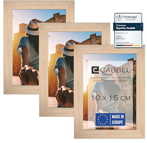 CABBEL (Set de 3 cadres photo 10x15 cm, naturel, cadre stable en bois MDF, verre plexi incassable, à suspendre & à poser, idéal pour photos/images/collages