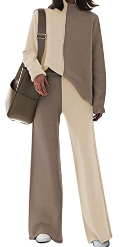 Viottiset Damen Gestrickte Outfits Stehkragen Pullover Weites Bein Hosen Zweiteilig Set Sweatsuit Loungewear Beige Weiß S