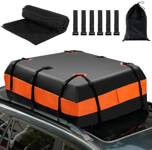 COSTWAY Coffre de Toit Voiture Étanche 600 L avec 10 Sangles et 6 Crochets, Sac de Toit avec Tapis Antidérapant Sac de Rangement pour Tous Les Véhicules avec/sans Porte-Bagages, Noir+Orange