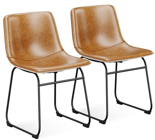 Aowos Dining Chairs Set of 2, 18 Inch Modern Armless Dining Chair with Back, Faux Leather Kitchen Dining Room Chair with Metal Legs for Home, Bistro Coffee Shops (Brown)