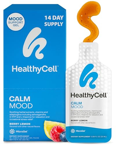 Healthycell Calm Mood Daily Liquid Supplement - Cortisol Manager & Mood Support Supplement for Stress with Ashwagandha, L-Theanine, Magnesium, 5-HTP, GABA & Saffron - 14 Gel Packs