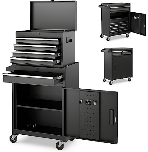 GOPLUS 2 in 1 Werkzeugschrank aus Metall, Kombinierter Rollschrank mit tragbarem Werkzeugkasten, Mobiler Werkstattwagen mit 5 Schubladen & Antirutschmatten, für Werkstatt & Haushalt (Schwarz)