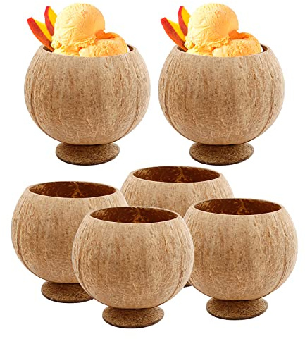 LIDSCURA Paquete de 6 vasos de cáscara de coco natural, suministros de vasos de fiesta Luau con temática hawaiana de 12 onzas, cuencos de coco pulido