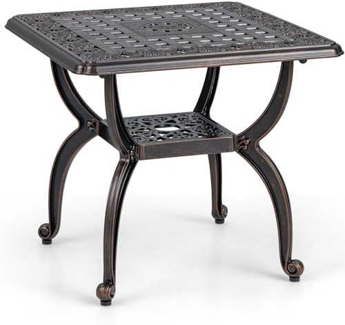 Garten-Bistrotisch aus Aluminiumguss, mit Ablage, für den Außenbereich, Allwetter-Terrassen-Bistrotisch in antiker Bronze-Oberfläche, 53 x 53 x 48 cm