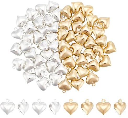UNICRAFTALE 24 Karat Förgyllt 3D Hjärthänge - 60 Stycken i 2 Färger för Halsband, Armband, Örhängen - Smyckestillverkning och Alla Hjärtans Dag Gåvor