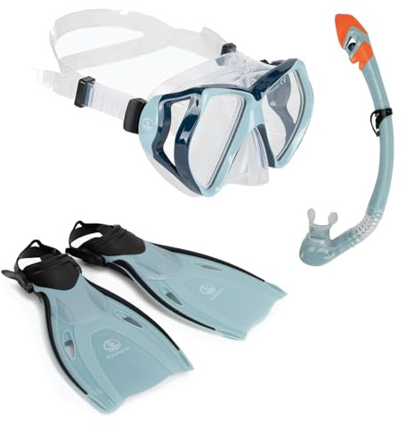 AQUASTIC Shoal 3-in-1 Schnorchelset Erwachsene Schnorchelmaske Schnorchel und Flossen Erwachsene Farbe Blau Größe 38/42 Maske mit doppelt gehärtetem Glas Silikon Hypoallergenes Mundstück