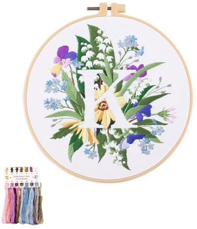 artcici Broderikit växt blomma bokstav K mönster för nybörjare vuxna, komplett sortiment broderi startsatser korsstygn handarbete tillbehör