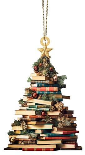 Adorno de Navidad – Árbol de libros vintage, libros decorativos apilados de 3.1 pulgadas con estrellas y bayas de pino, decoración colgante de acrílico para árboles y fiestas