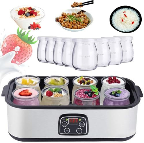 Yaourtière Ultimate 1400 ml – Machine à yaourt automatique avec 8 bocaux en verre, affichage LED, contrôle du temps et température constante pour yaourt frais fait maison