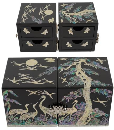 February Mountain Boîte cube en nacre coréenne – Organisateur de bijoux en bois fait à la main avec serrure papillon | Motif grue ou papillon | Boîte cadeau de luxe pour souvenirs