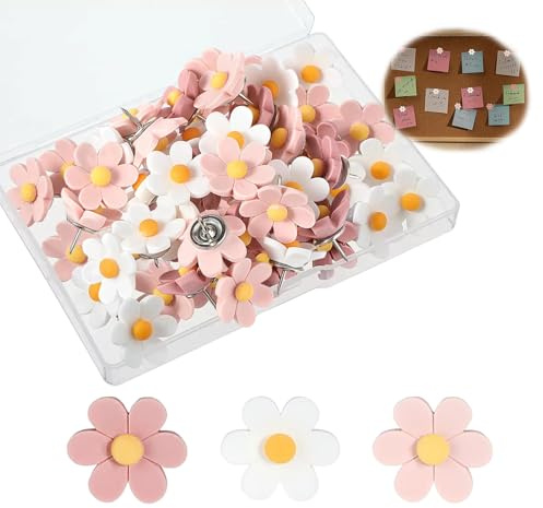 50 Stück Blumen Reißzwecken Dekorative Pinnadeln Bunt für Pinnwand Kork Wandtafel Foto Wand Deko Niedliche Reißnagel Blumenform für Büro Schule Kinderzimmer Board Pinnnadeln mit Aufbewahrungsbox