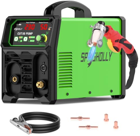 SPRIGHOLLY Taglierina al plasma con compressore e pompa d'aria integrati, inverter IGBT 50A digitale 230V, modalità 2T/4T, accensione HF, taglio max 12 mm, per metalmeccanica e hobbista