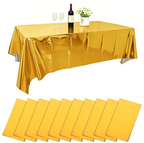 AKOLAFE 10 Stück Tischdecke Stoff Gold 137 x 274 cm Party Tischdecke Abwaschbar Tischdecke Plastik Rechteckig Tischdecke Geburtstag Gold Wasserdicht für Party, Picknick, Weihnachten, Geburtstag