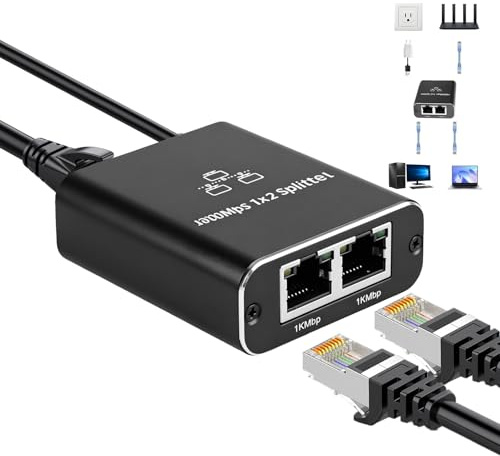 Switch Ethernet Splitter Gigabit 1 a 2, Duplicador ladron RJ45 HUB 2 Puertos Divisor Internet LAN 1000Mbps, Compatible con Cat 8 7 6 5e 5 Router PC sobremesa Gaming PS5 PS4 Xbox Smart TV Box