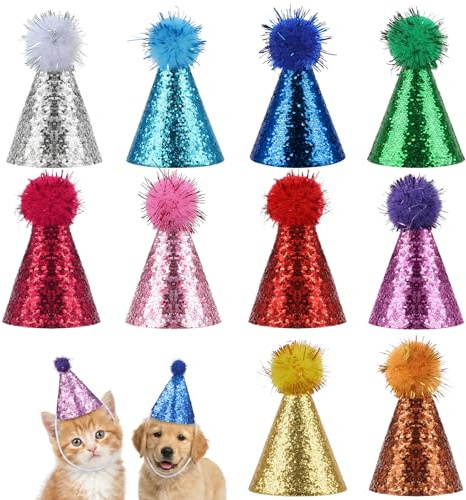 Matwsec 10 Stück Partyhüte für Kuscheltiere, Bunte Verstellbare Mini Partyhüte, Glitzer Geburtstagshut, Kleine Party Hüte für Hunde, Katzen & Plüschtiere