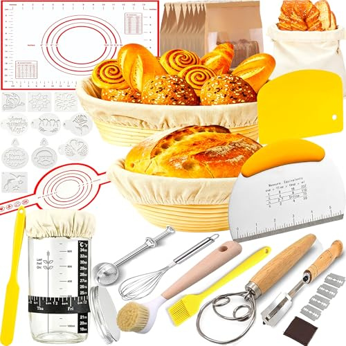 Gärkörbchen von Sauerteig Starter Set, 2 Gärkorb – Gärkörbchen Rund 23cm, Oval 25cm, Sauerteig Starter Glas, Brot Backen Zubehör, Brotbackzubehör, Geschenk für Anfänger, Erfahrener Bäcker