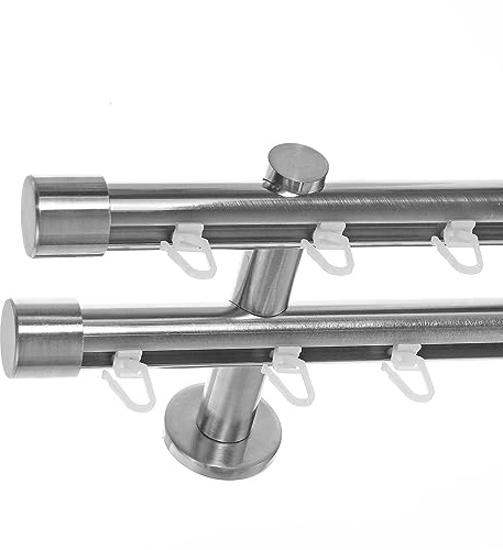 BASIT Gardinenstange Innenlauf Edelstahllook 20mm 2-läufig Wand 160cm H40 | Gardinenstangenset doppelläufig Wandmontage Metall Vorhangstange Wandhalterung 120-600cm wählbar Kappe E30