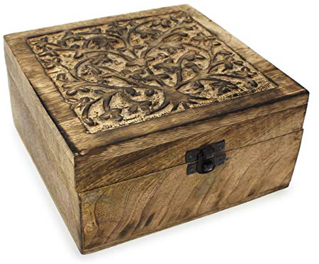 Holzbox Schatulle Holzkästchen Indien 17x17x10 cm, Holz braun Schnitzerei, Schatzkistchen Schmuckkiste mit Klappdeckel Kiste Box