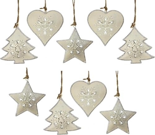 Deko Anhänger Herz Stern Baum im 9er Set je 9 cm, Metall Altweiß Silberglitter, Nostalgie Weihnachtsdeko Dekokette Dekoanhänger Fensterschmuck Winterdeko