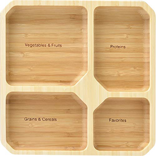 Bamboo Portion Control Tray (4 Sections) – USDA MyPlate Balanced Meal Divider for Weight Loss & Healthy Eating – Square Wooden Dish