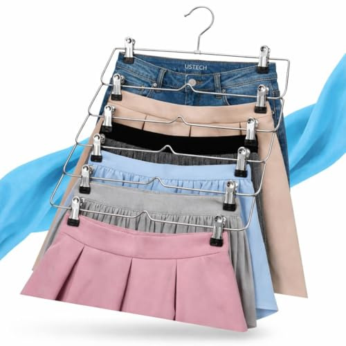 USTECH platzsparende Kleiderbügel für Shorts, Röcke, Hosen, 6 Etagen, 5 Stück, Mehrzweck-Kleiderbügel, platzsparend, mit Clips für Hosen, Shorts, Röcke, Leggings, langlebige Stahllegierung,