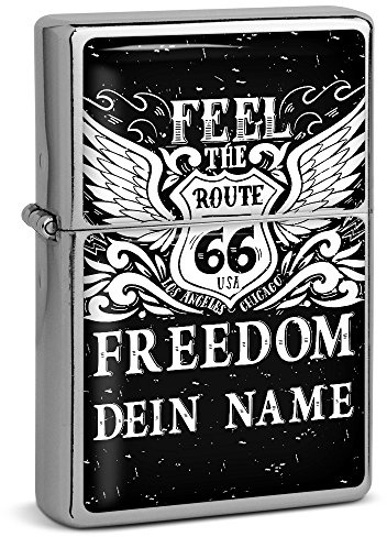 PhotoFancy® - Sturmfeuerzeug Set mit eigenem Namen Bedrucken Lassen - Design Route 66 - Benzinfeuerzeug mit Doming-Druck inkl. Metall-Geschenkdose