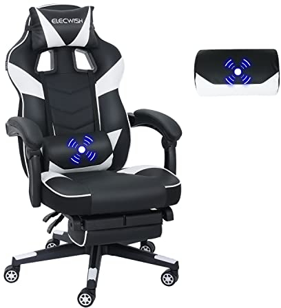 YU YUSING Massage Chaise Gaming Ergonomique Racing Chaise de Bureau avec Réglage de Hauteur, Repose-tête et Soutien des Lombaires, PU Cuir avec Repose-Pieds Rétractable, (Blanc)