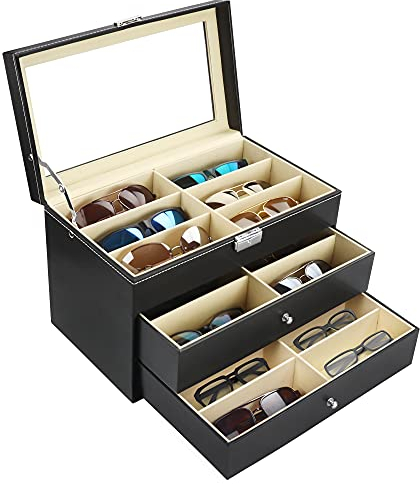 Kurtzy Schwarze Kunstleder Sonnenbrillen Aufbewahrung Brillen Box 18 Fächer - 3-Stufige Abschließbare Brillen Aufbewahrungsbox Brillenbox für Mehrere Brillen mit Schubladen, Sonnen & Modebrillen