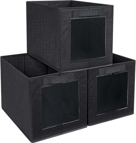 DIMJ Foldable Storage Boxes with Transparent Window Fabric Collapsible Storage Bin Basket with Handle for Wardrobe, Closet, Shelves Organiser (34 * 23 * 23 cm, Black)