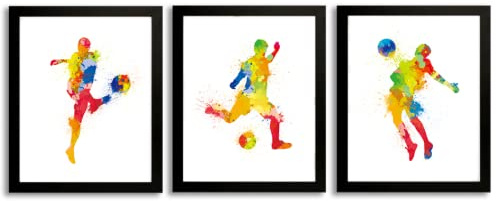 ANHUIB 3er Bunt Fußball Poster Mit Rahmen,Kinderzimmer Wandbilder,Fußball Bilder Set,Poster Set für Teenager Jungen Schlafzimmer,Sport Bild Leinwand für Wohnzimmer Wanddeko Geschenk,20×25CM