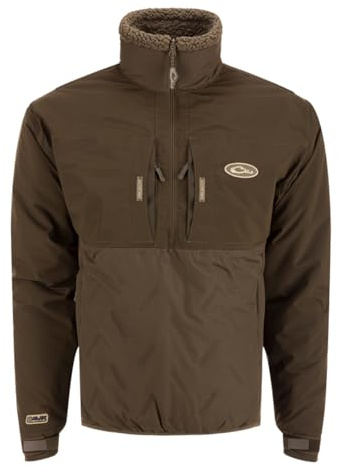 DRAKE Waterfowl Men's LST Guardian Flex Double Down 1/4 Zip Eqwader Insulated Waterproof Breathable Resistant Hunting Jacket, Green Timber, Medium