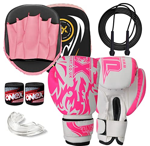 Boxing gloves and pads set Focus Punch Mitts MMA Training Sparring Hook and Jab strike Pads for Boys & Girls target with Punching Gloves (K Boxing Set Mouth Guard Pink/Blk)
