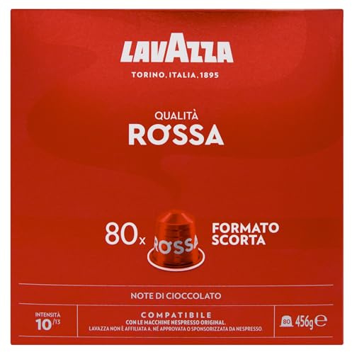 Lavazza, Qualità Rossa, 80 Aluminiumkapseln, kompatibel mit Nespresso* Original Maschinen, mit Noten von Schokolade und getrockneten Früchten, Arabica und Robusta, Intensität 10/13, mittlere Röstung