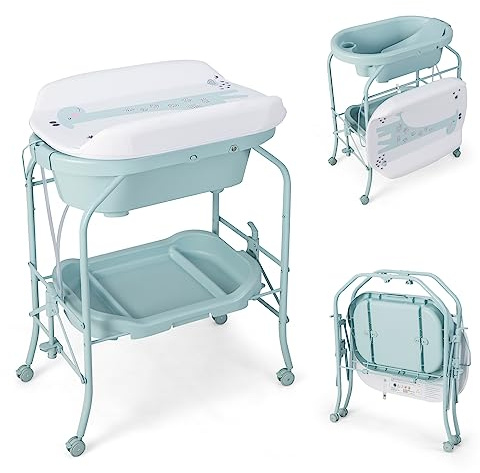 HONEY JOY Cambiador de bebé con bañera, estación de cambio de pañales plegable con ruedas, bandeja de almacenamiento, almohadilla impermeable, organizador portátil para recién nacidos, soporte de baño