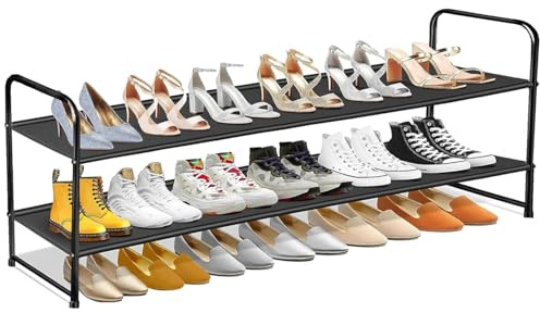 MISSLO 2-Tier Metall Schuhregal, Stapelbares Langes Schuhregal Lagerung hält 18-Paar schlanke Schuhorganiser Ständer für Schlafzimmer, Flur, Eingang, schwarz