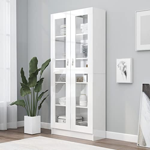 ADWOA Vitrinenschrank Hochglanz-Weiß 82,5x30,5x185,5 cm Holzwerkstoff Vitrine Wohnzimmer