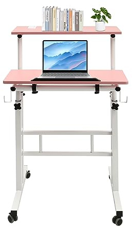 Kreiaoer Adjustable Standing Desk, Mobile Stand Up Desk, Laptop Cart with USB Ports and Outlets for Standing or Sitting (Pink)